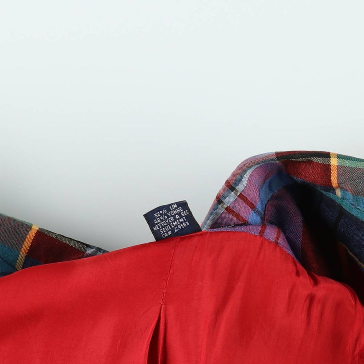 Ralph Lauren Check Pattern Peaked Lapel Double-Breasted Rayon x Linen Tailored Jacket, Made in USA, Women's Size L (approx.) linen red type Vintage Second Hand