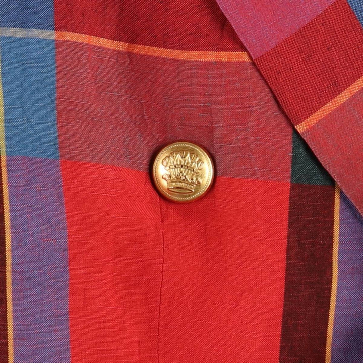 Ralph Lauren Check Pattern Peaked Lapel Double-Breasted Rayon x Linen Tailored Jacket, Made in USA, Women's Size L (approx.) linen red type Vintage Second Hand