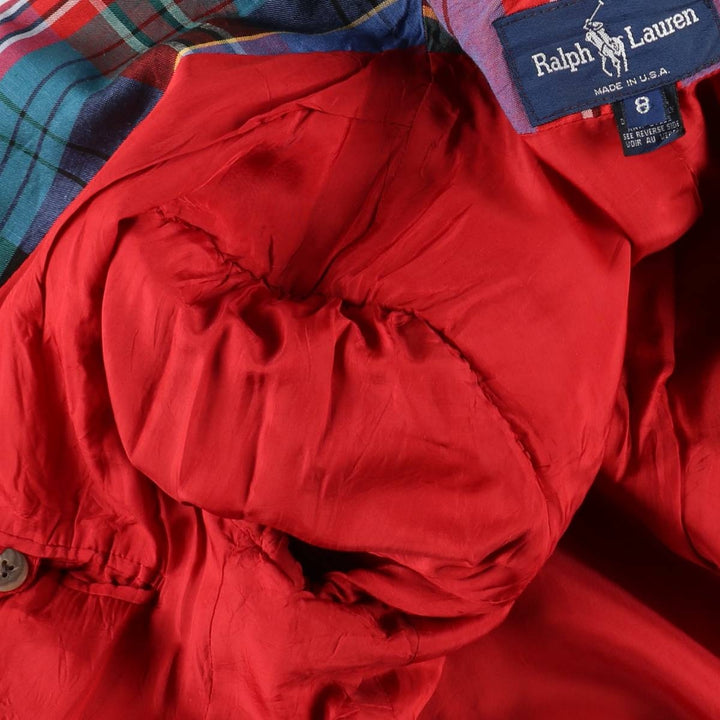 Ralph Lauren Check Pattern Peaked Lapel Double-Breasted Rayon x Linen Tailored Jacket, Made in USA, Women's Size L (approx.) linen red type Vintage Second Hand