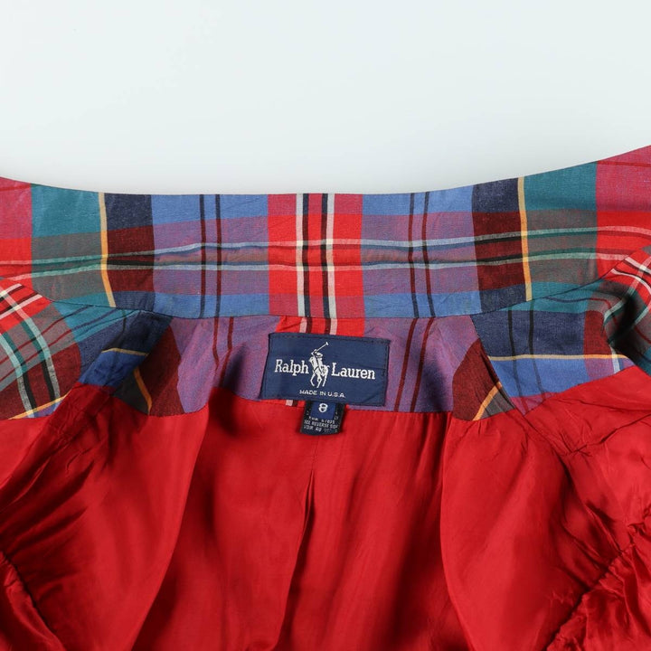 Ralph Lauren Check Pattern Peaked Lapel Double-Breasted Rayon x Linen Tailored Jacket, Made in USA, Women's Size L (approx.) linen red type Vintage Second Hand