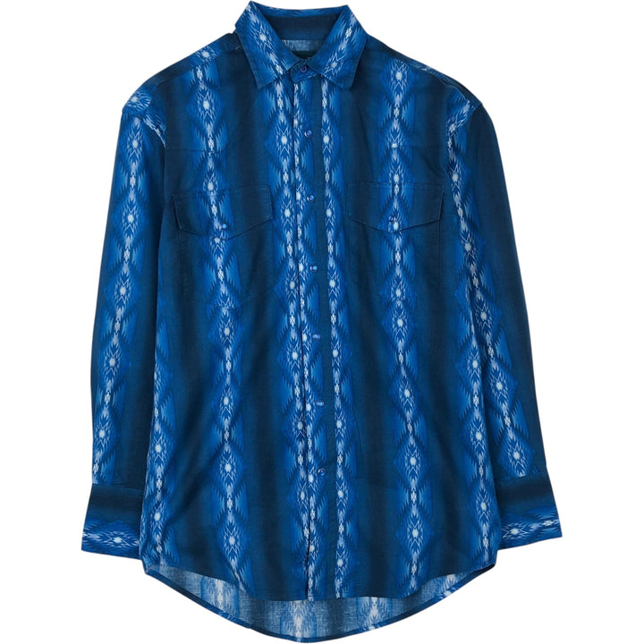 1990'S Wrangler Western Shirt, all-over Native American pattern, long-sleeved, men's size S equivalent, vintage. cotton blue type Vintage Second Hand