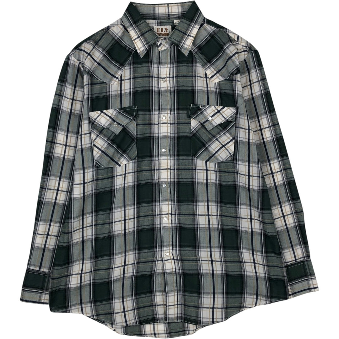 ELY CATTLEMAN Check Pattern Long-Sleeve Western Shirt, Men's Size L (Equivalent), Vintage polyester white type Vintage Second Hand