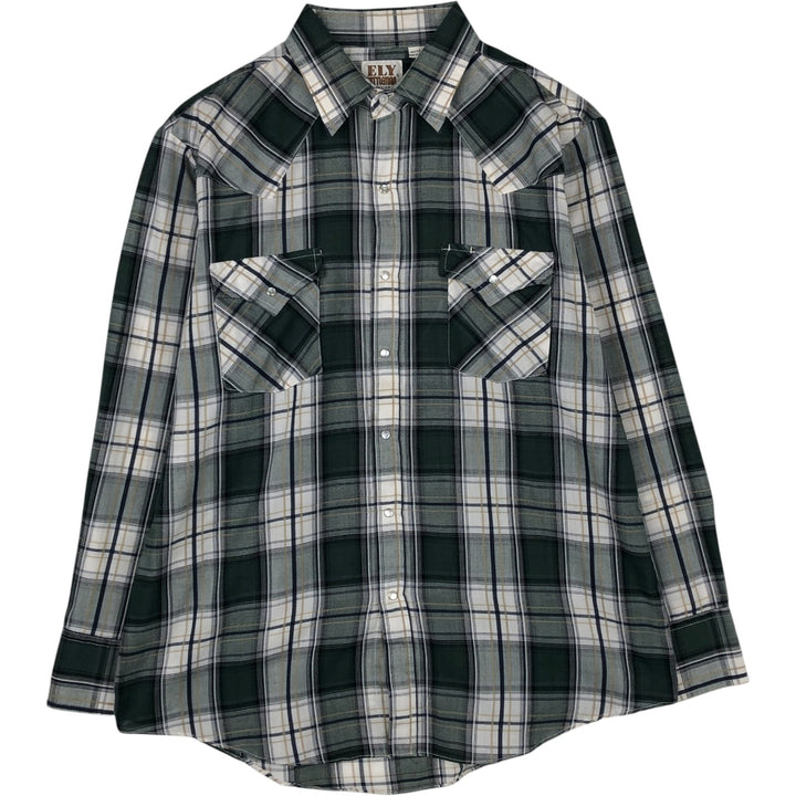 ELY CATTLEMAN Check Pattern Long-Sleeve Western Shirt, Men's Size L (Equivalent), Vintage polyester white type Vintage Second Hand