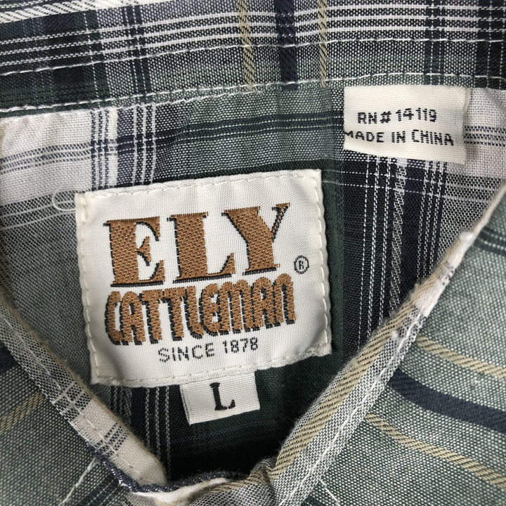 ELY CATTLEMAN Check Pattern Long-Sleeve Western Shirt, Men's Size L (Equivalent), Vintage polyester white type Vintage Second Hand