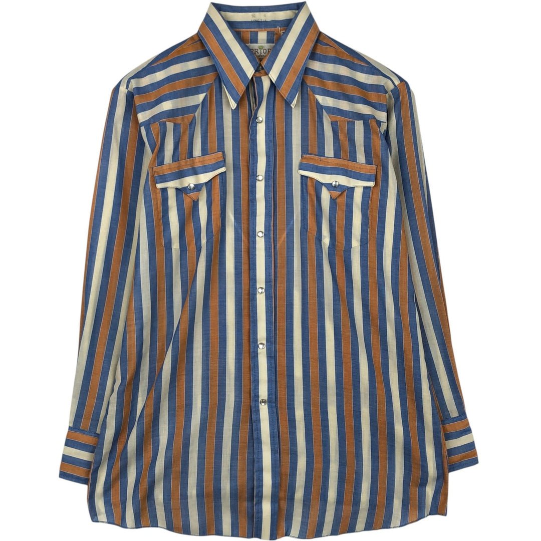 70'S PRIOR Stripe Pattern Long-Sleeve Western Shirt, Men's Size L (Equivalent), Vintage unclear blue type Vintage Second Hand