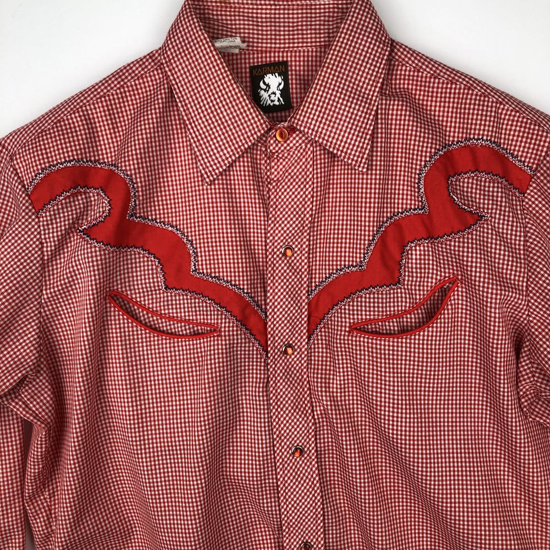 1970'S KARMAN Gingham Check Long-Sleeve Western Shirt, Made in USA, Men's Size L (Equivalent), Vintage polyester white type Vintage Second Hand