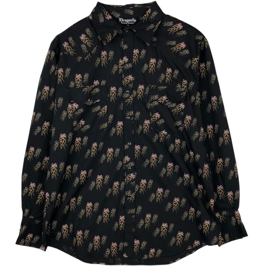 DRAGONFLY all-over print long-sleeved Western shirt, men's size L (approx.) polyester black type Vintage Second Hand
