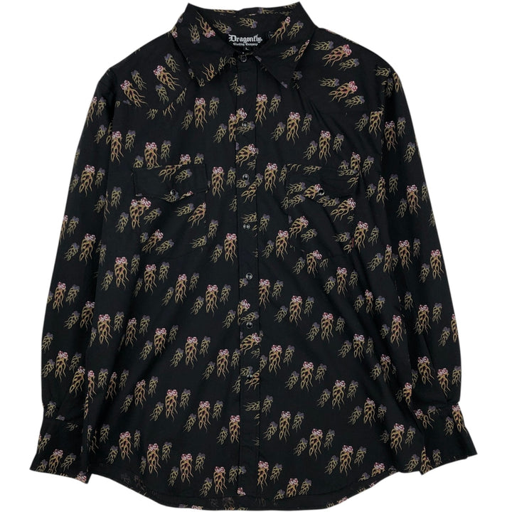 DRAGONFLY all-over print long-sleeved Western shirt, men's size L (approx.) polyester black type Vintage Second Hand