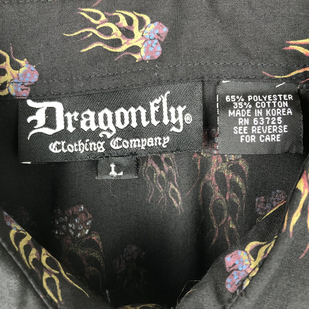 DRAGONFLY all-over print long-sleeved Western shirt, men's size L (approx.) polyester black type Vintage Second Hand