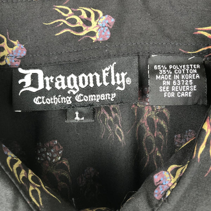 DRAGONFLY all-over print long-sleeved Western shirt, men's size L (approx.) polyester black type Vintage Second Hand