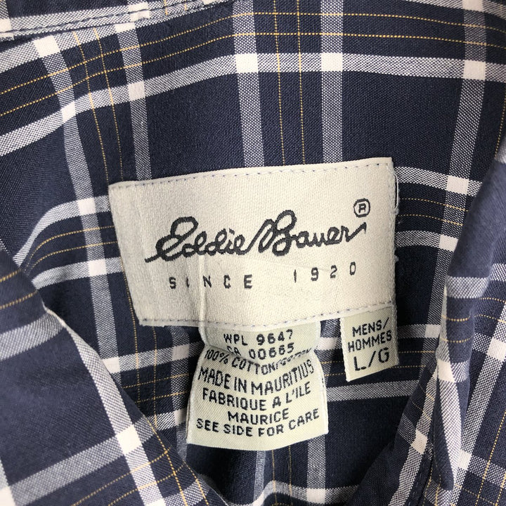 90s~ Eddie Bauer Long Sleeve Button-Down Check Shirt, Men's Size L, Vintage cotton navy blue type Vintage Second Hand