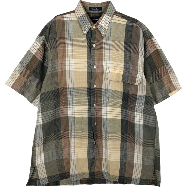90'S GANT Check Pattern Short-Sleeve Cotton x Linen Button-Down Shirt, Boxy Shirt, Men's Size M (Equivalent), Vintage linen Beige type Vintage Second Hand