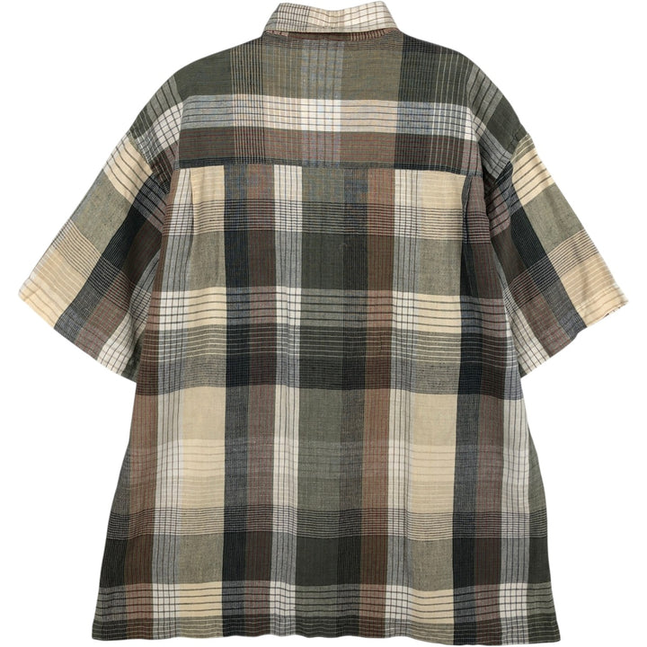 90'S GANT Check Pattern Short-Sleeve Cotton x Linen Button-Down Shirt, Boxy Shirt, Men's Size M (Equivalent), Vintage linen Beige type Vintage Second Hand