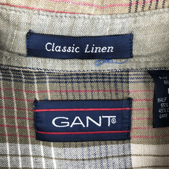 90'S GANT Check Pattern Short-Sleeve Cotton x Linen Button-Down Shirt, Boxy Shirt, Men's Size M (Equivalent), Vintage linen Beige type Vintage Second Hand