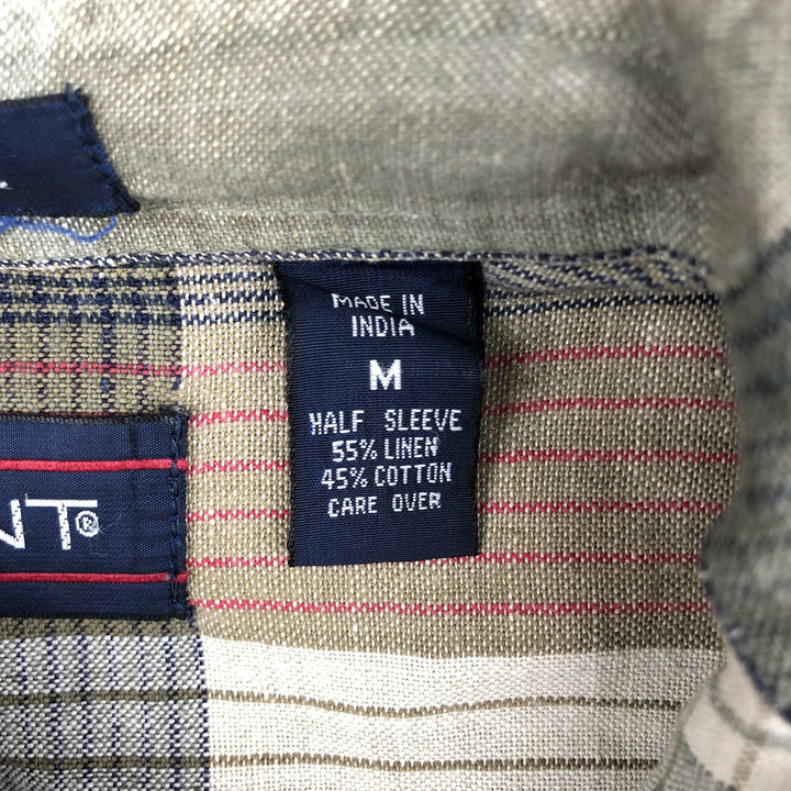 90'S GANT Check Pattern Short-Sleeve Cotton x Linen Button-Down Shirt, Boxy Shirt, Men's Size M (Equivalent), Vintage linen Beige type Vintage Second Hand