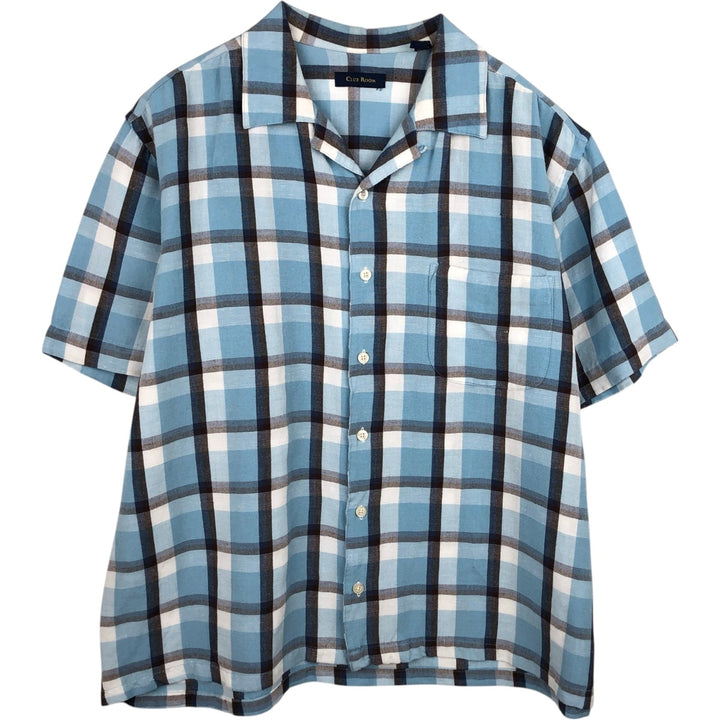 Club Room Check Pattern Open Collar Short Sleeve Open Collar Linen Shirt Box Shirt Men's Size L (approx.) linen Blue type light blue Vintage Second Hand