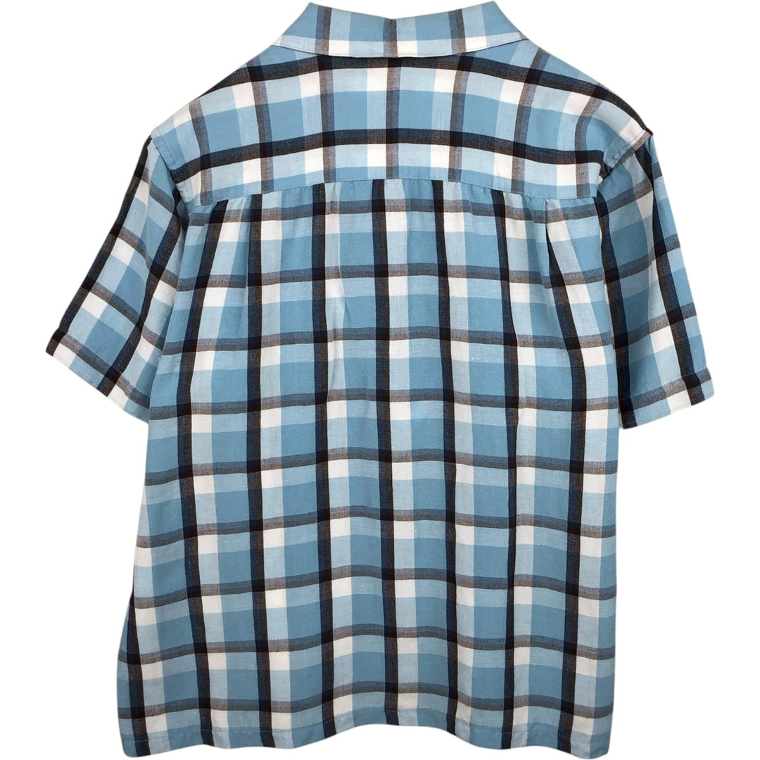 Club Room Check Pattern Open Collar Short Sleeve Open Collar Linen Shirt Box Shirt Men's Size L (approx.) linen Blue type light blue Vintage Second Hand