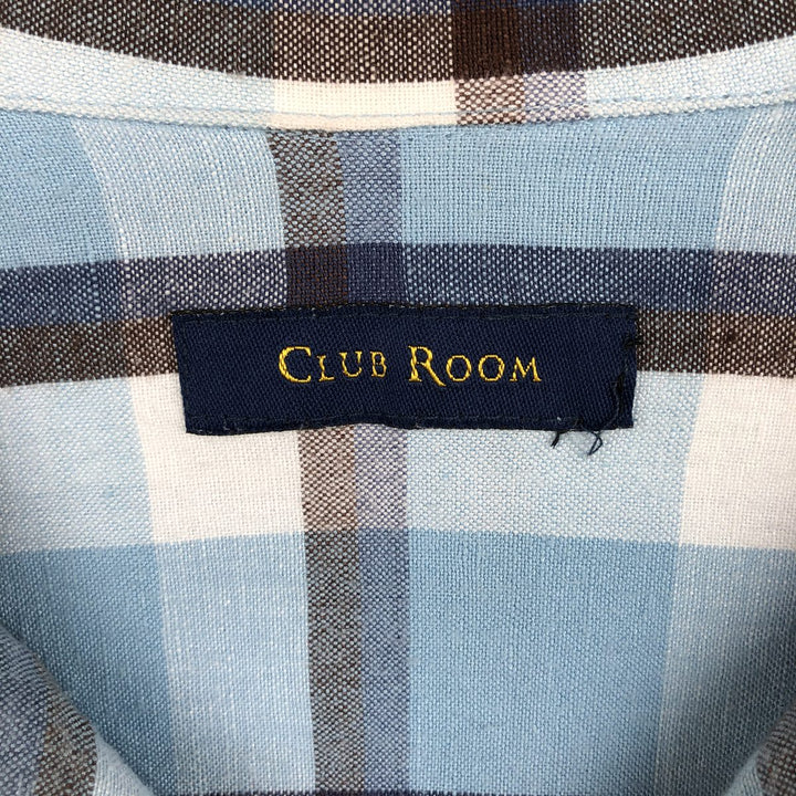 Club Room Check Pattern Open Collar Short Sleeve Open Collar Linen Shirt Box Shirt Men's Size L (approx.) linen Blue type light blue Vintage Second Hand