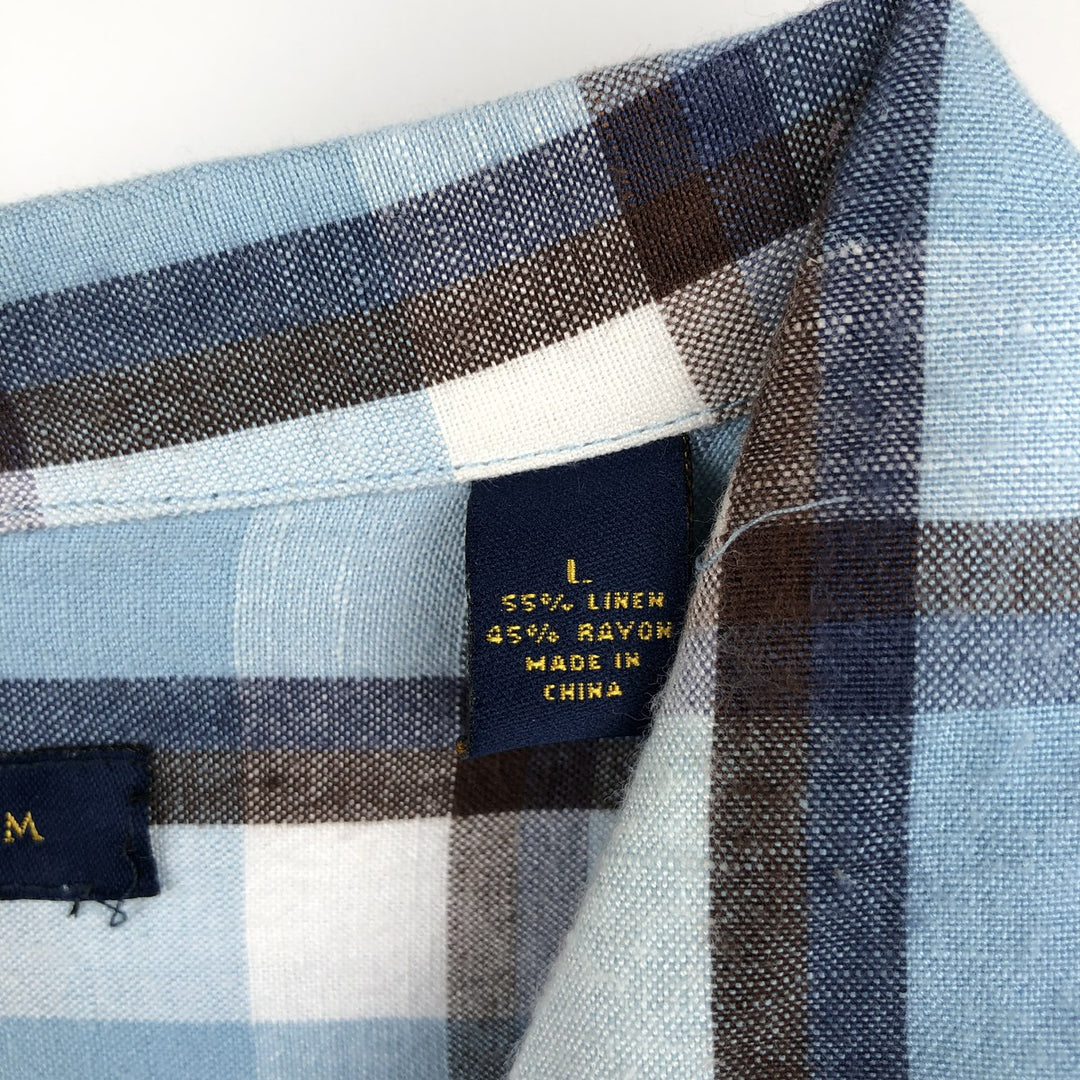 Club Room Check Pattern Open Collar Short Sleeve Open Collar Linen Shirt Box Shirt Men's Size L (approx.) linen Blue type light blue Vintage Second Hand