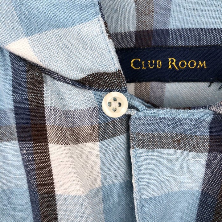 Club Room Check Pattern Open Collar Short Sleeve Open Collar Linen Shirt Box Shirt Men's Size L (approx.) linen Blue type light blue Vintage Second Hand