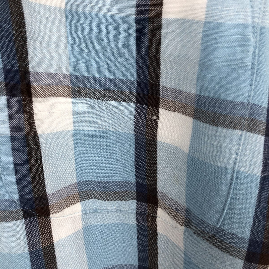 Club Room Check Pattern Open Collar Short Sleeve Open Collar Linen Shirt Box Shirt Men's Size L (approx.) linen Blue type light blue Vintage Second Hand