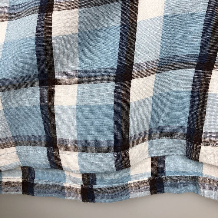 Club Room Check Pattern Open Collar Short Sleeve Open Collar Linen Shirt Box Shirt Men's Size L (approx.) linen Blue type light blue Vintage Second Hand