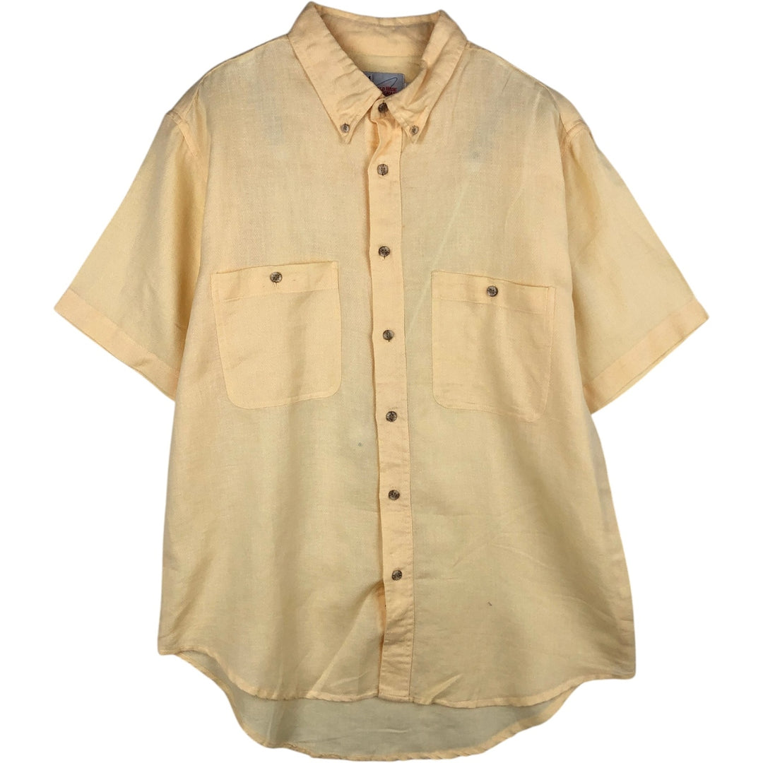 WORLD WIDE SPORTSMAN Herringbone Short-Sleeve Cotton x Linen Button-Down Shirt (Men's Size M) linen yellow type Vintage Second Hand