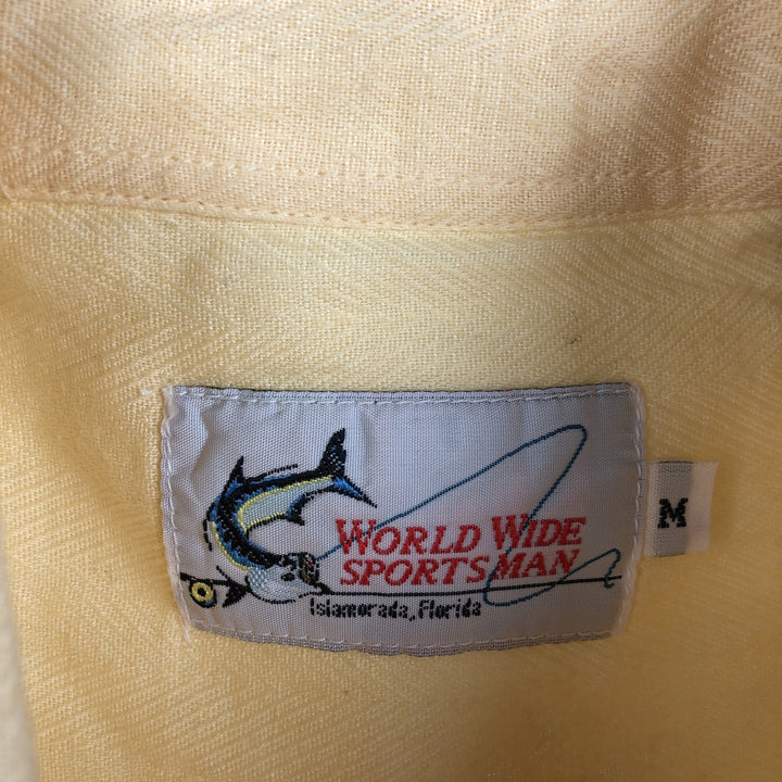 WORLD WIDE SPORTSMAN Herringbone Short-Sleeve Cotton x Linen Button-Down Shirt (Men's Size M) linen yellow type Vintage Second Hand