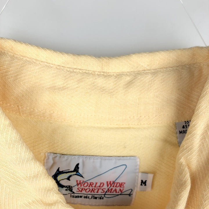 WORLD WIDE SPORTSMAN Herringbone Short-Sleeve Cotton x Linen Button-Down Shirt (Men's Size M) linen yellow type Vintage Second Hand