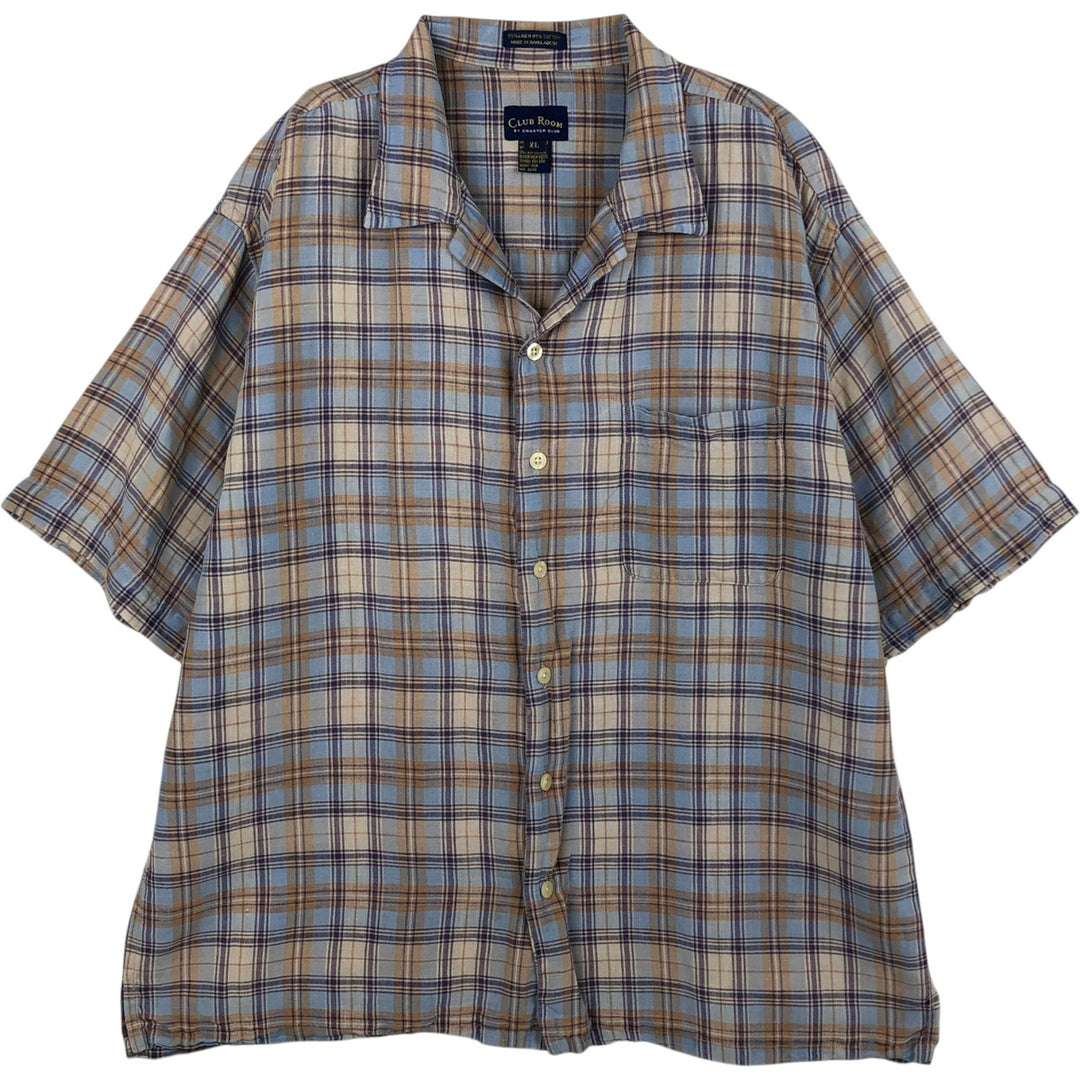 CLUB ROOM Check Pattern Short-Sleeve Open Collar Cotton x Linen Shirt, Boxy Shirt, Men's XL Equivalent linen Blue type light blue Vintage Second Hand