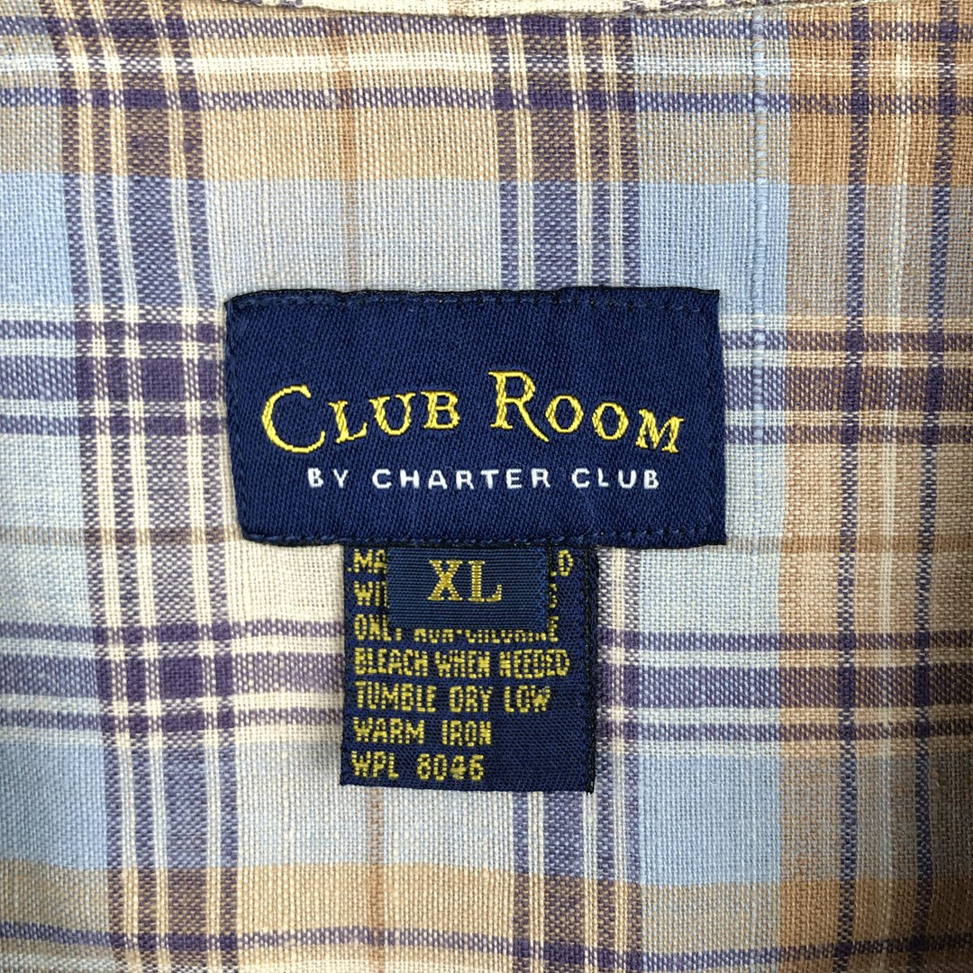 CLUB ROOM Check Pattern Short-Sleeve Open Collar Cotton x Linen Shirt, Boxy Shirt, Men's XL Equivalent linen Blue type light blue Vintage Second Hand
