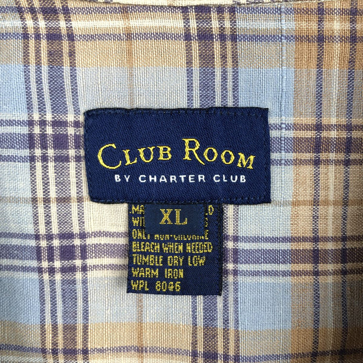 CLUB ROOM Check Pattern Short-Sleeve Open Collar Cotton x Linen Shirt, Boxy Shirt, Men's XL Equivalent linen Blue type light blue Vintage Second Hand