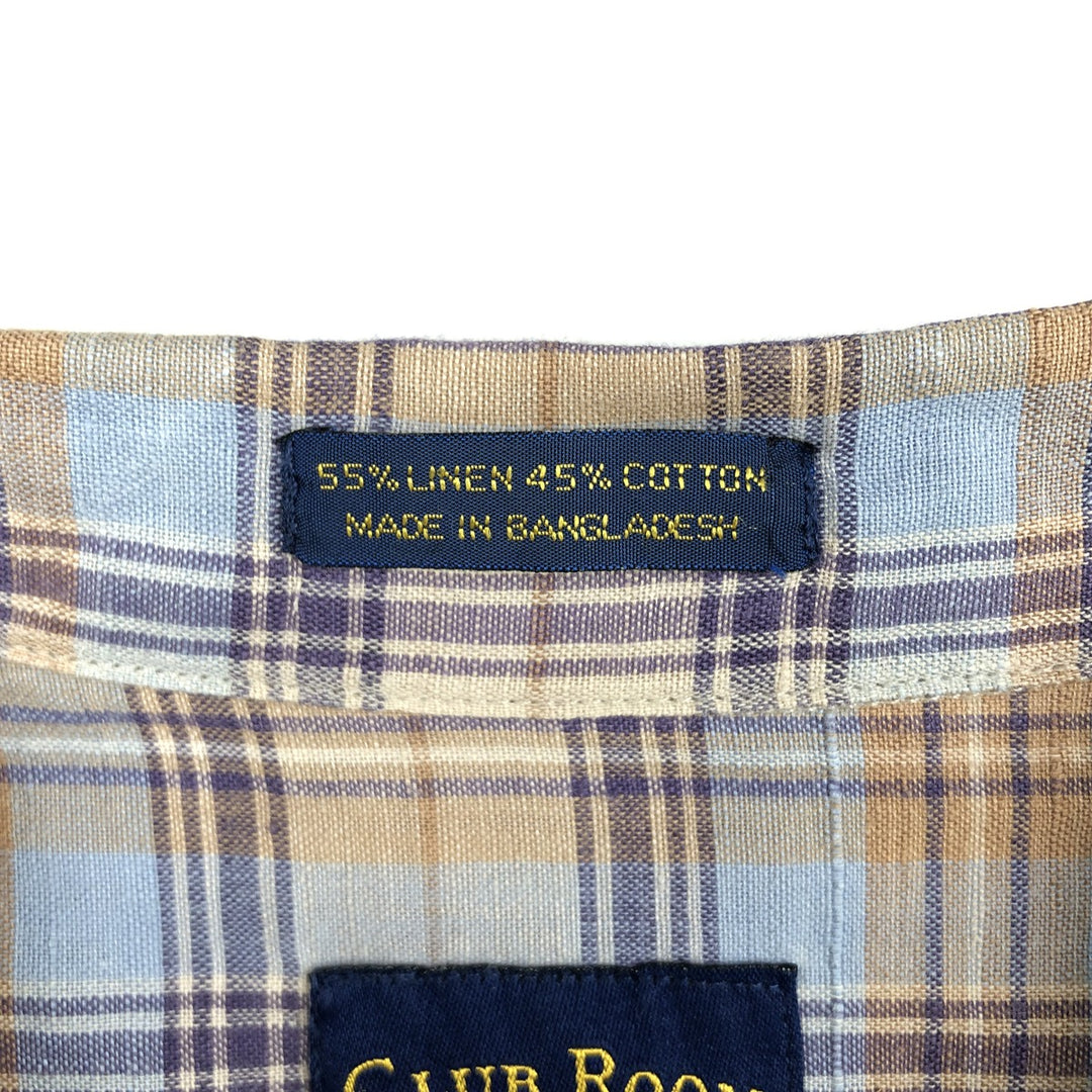 CLUB ROOM Check Pattern Short-Sleeve Open Collar Cotton x Linen Shirt, Boxy Shirt, Men's XL Equivalent linen Blue type light blue Vintage Second Hand