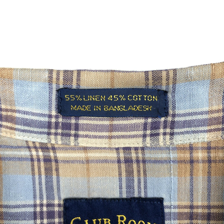 CLUB ROOM Check Pattern Short-Sleeve Open Collar Cotton x Linen Shirt, Boxy Shirt, Men's XL Equivalent linen Blue type light blue Vintage Second Hand