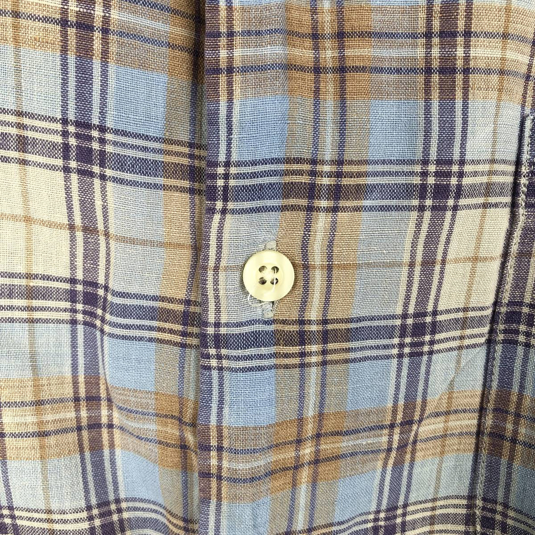 CLUB ROOM Check Pattern Short-Sleeve Open Collar Cotton x Linen Shirt, Boxy Shirt, Men's XL Equivalent linen Blue type light blue Vintage Second Hand