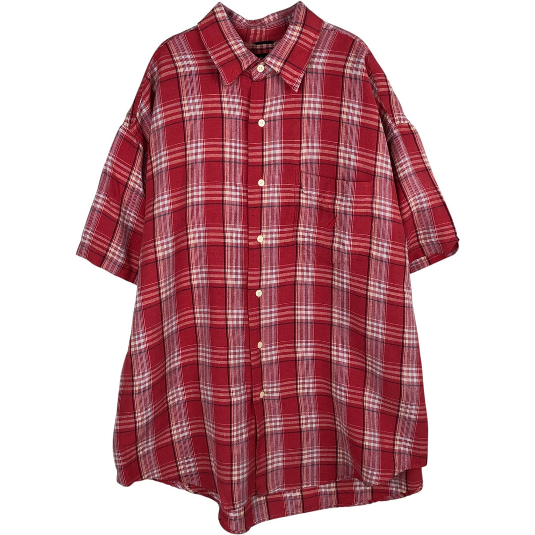 2000'S Nautica Check Pattern Short-Sleeve Rayon x Linen Shirt, Men's Size XL (approx.) linen red type Vintage Second Hand