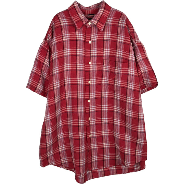 2000'S Nautica Check Pattern Short-Sleeve Rayon x Linen Shirt, Men's Size XL (approx.) linen red type Vintage Second Hand