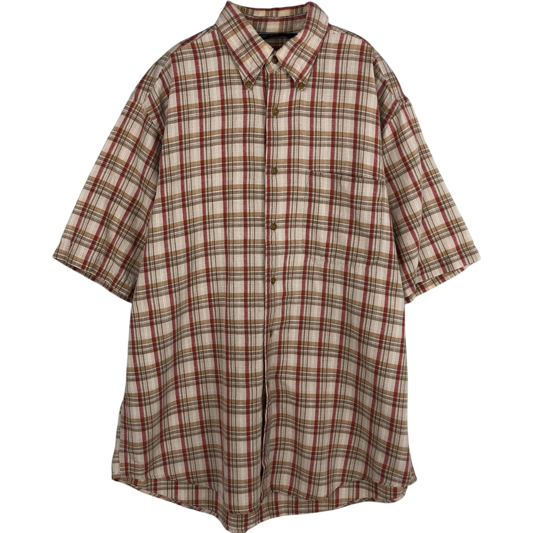 90'S Nautica Check Pattern Short-Sleeve Cotton x Linen Button-Down Shirt, Men's Size M (Equivalent), Vintage cotton Beige type Vintage Second Hand