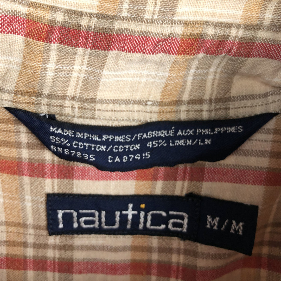 90'S Nautica Check Pattern Short-Sleeve Cotton x Linen Button-Down Shirt, Men's Size M (Equivalent), Vintage cotton Beige type Vintage Second Hand