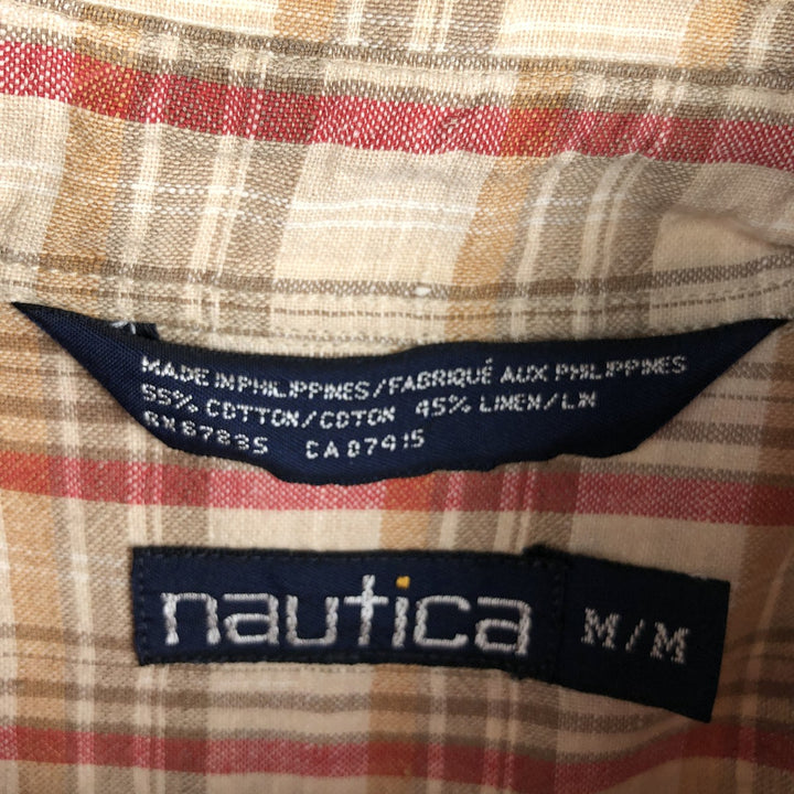 90'S Nautica Check Pattern Short-Sleeve Cotton x Linen Button-Down Shirt, Men's Size M (Equivalent), Vintage cotton Beige type Vintage Second Hand