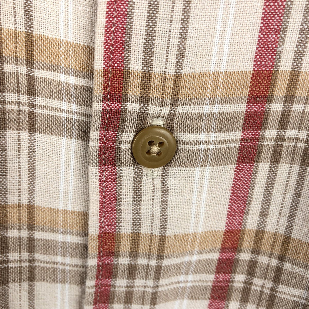90'S Nautica Check Pattern Short-Sleeve Cotton x Linen Button-Down Shirt, Men's Size M (Equivalent), Vintage cotton Beige type Vintage Second Hand