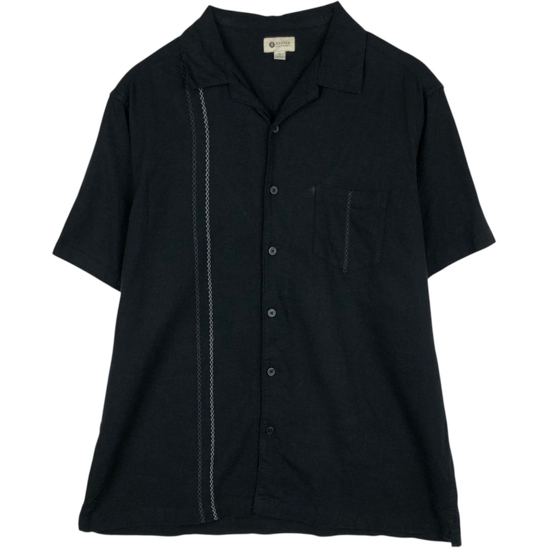 HAGGAR Short-Sleeve Open-Collar Rayon x Linen Shirt, Boxy Fit, Men's Size XL (approx.) linen black type Vintage Second Hand