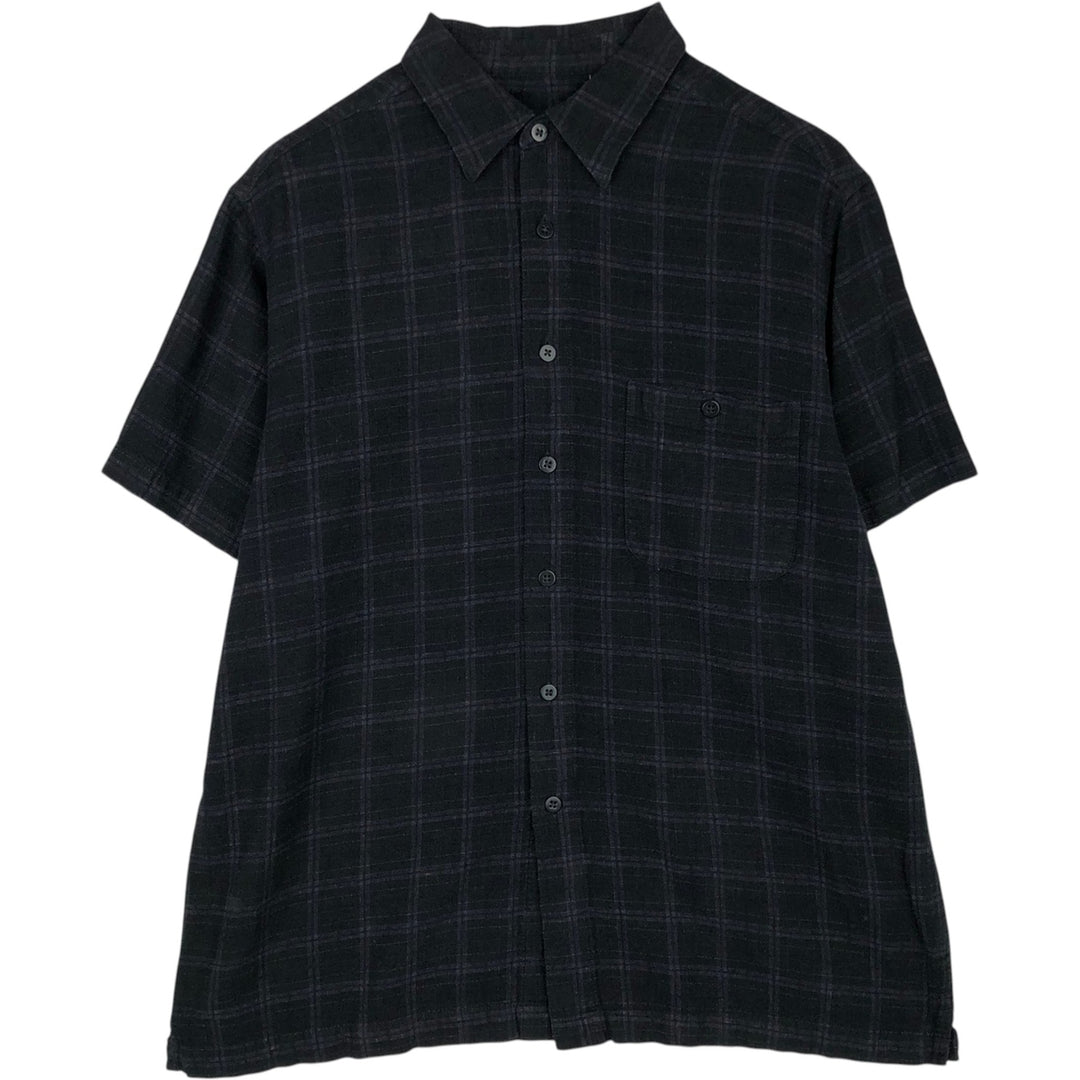 HAGGAR Check Pattern Short-Sleeve Rayon x Linen Box Shirt (Men's XL equivalent) linen black type Vintage Second Hand