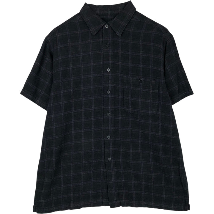 HAGGAR Check Pattern Short-Sleeve Rayon x Linen Box Shirt (Men's XL equivalent) linen black type Vintage Second Hand