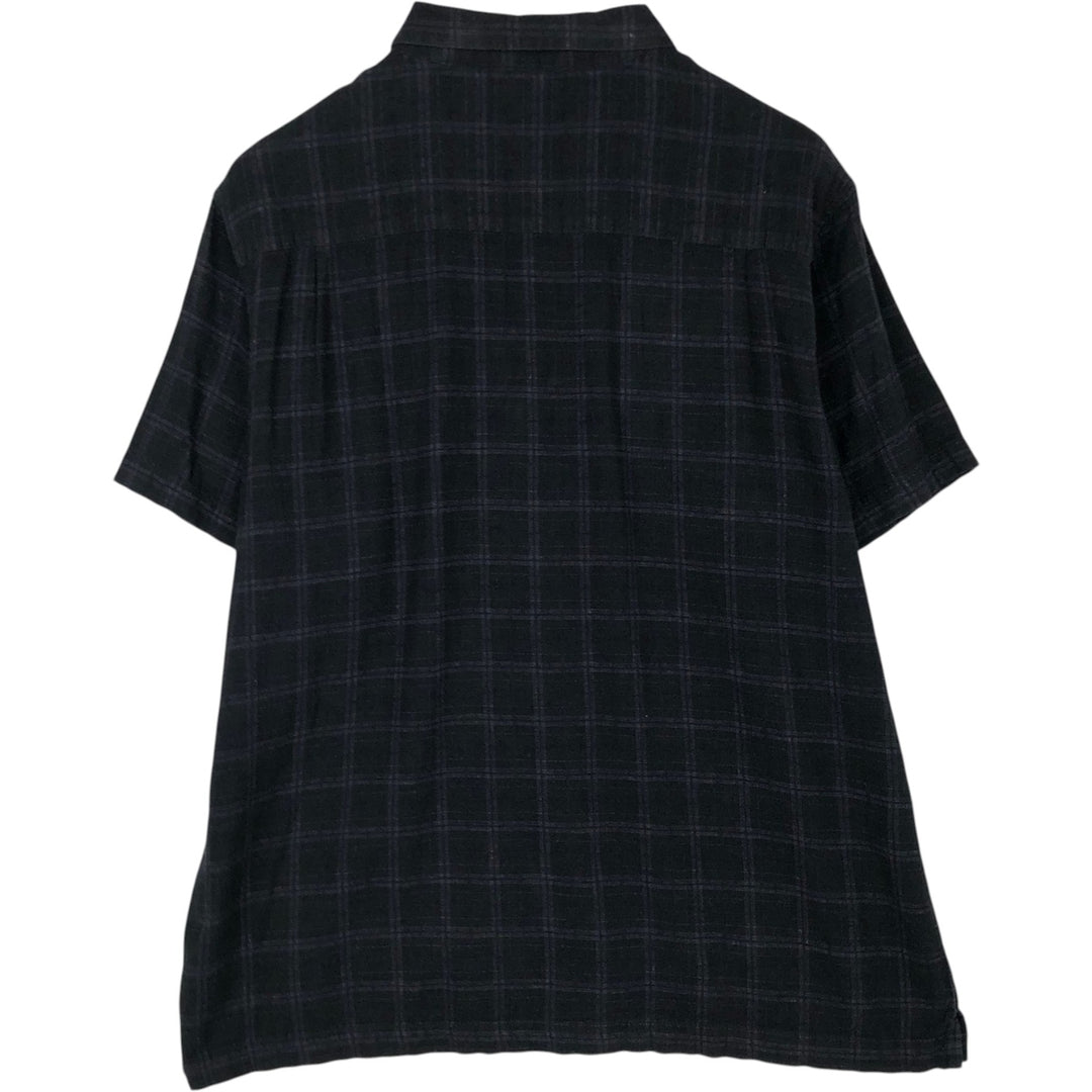 HAGGAR Check Pattern Short-Sleeve Rayon x Linen Box Shirt (Men's XL equivalent) linen black type Vintage Second Hand
