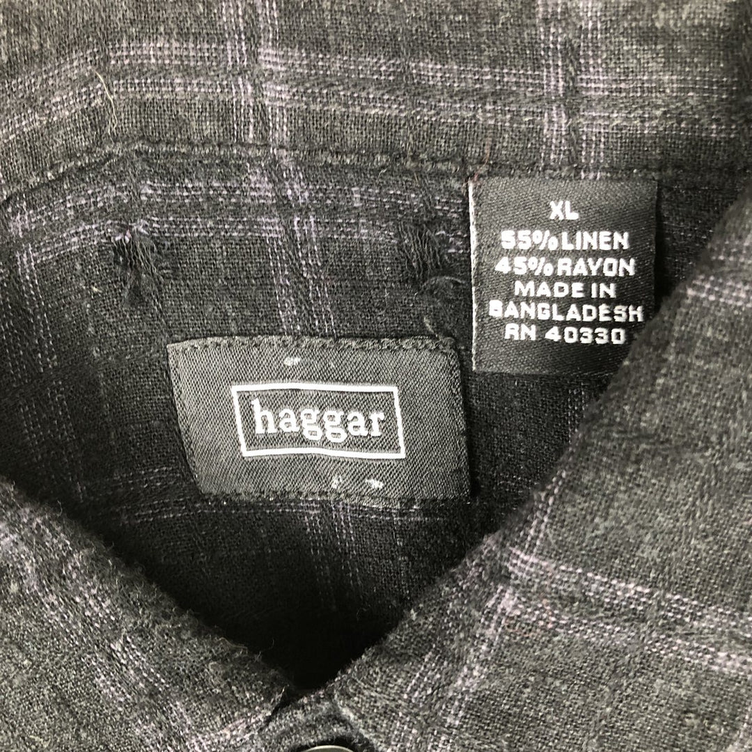HAGGAR Check Pattern Short-Sleeve Rayon x Linen Box Shirt (Men's XL equivalent) linen black type Vintage Second Hand