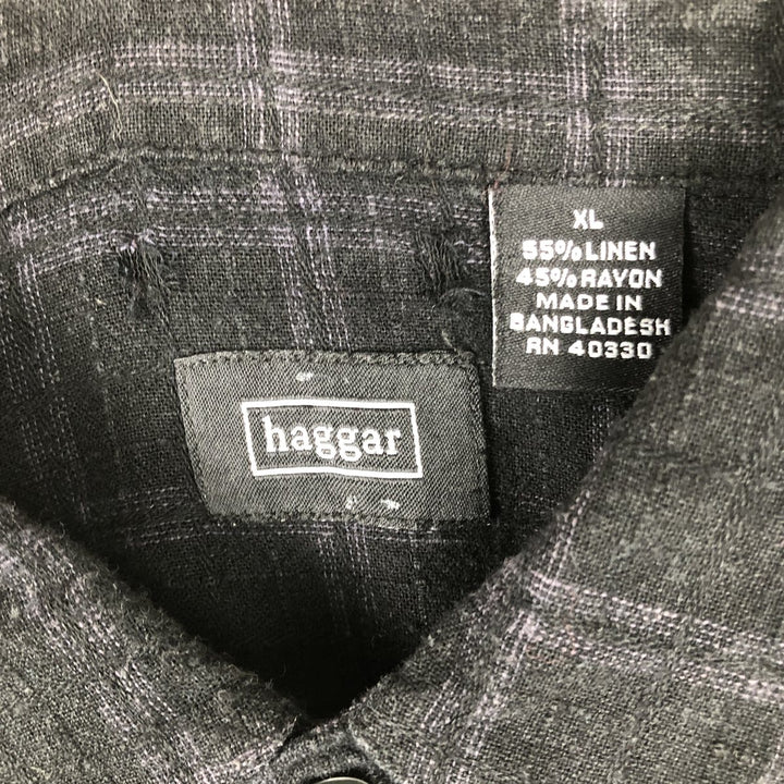 HAGGAR Check Pattern Short-Sleeve Rayon x Linen Box Shirt (Men's XL equivalent) linen black type Vintage Second Hand