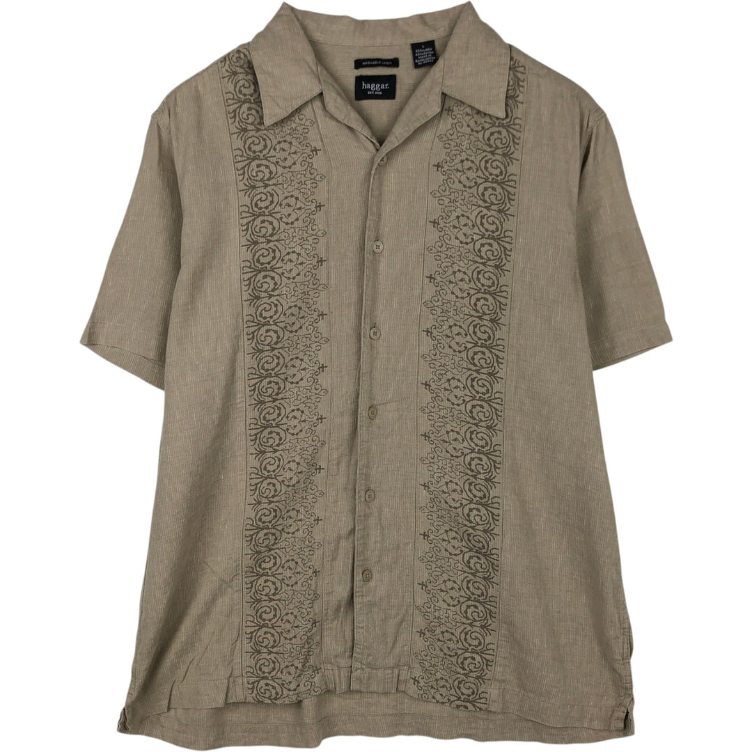 HAGGAR All-over print short-sleeved open-collar rayon x linen shirt, boxy fit, men's size L (approx.) linen Beige type Vintage Second Hand