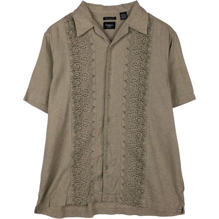 HAGGAR All-over print short-sleeved open-collar rayon x linen shirt, boxy fit, men's size L (approx.) linen Beige type Vintage Second Hand