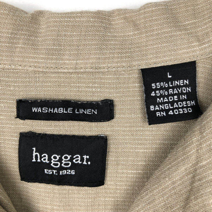 HAGGAR All-over print short-sleeved open-collar rayon x linen shirt, boxy fit, men's size L (approx.) linen Beige type Vintage Second Hand
